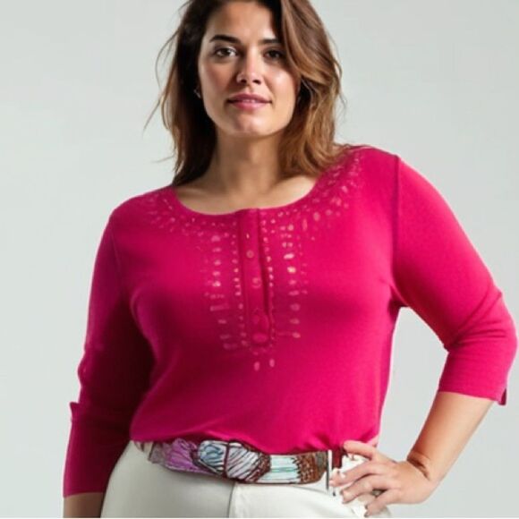 Chico's Sweaters - NWT Chico's‎ Estella Henley Linen Embellished Pullover Hot Pink Sweater- …